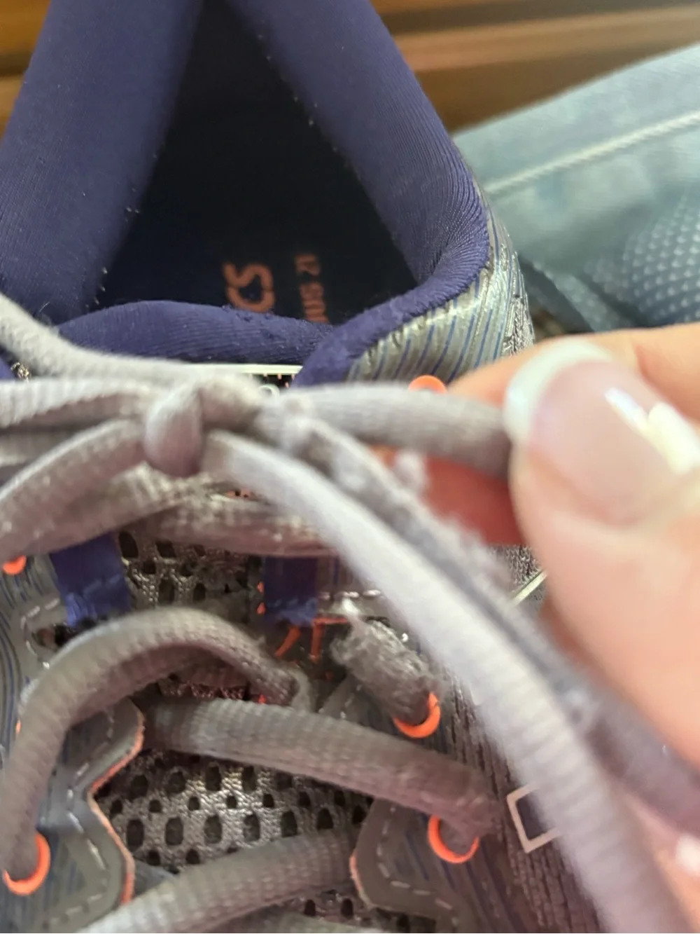 ASICS Woman’s Gray and Navy Running Shoes with Coral Highlights
